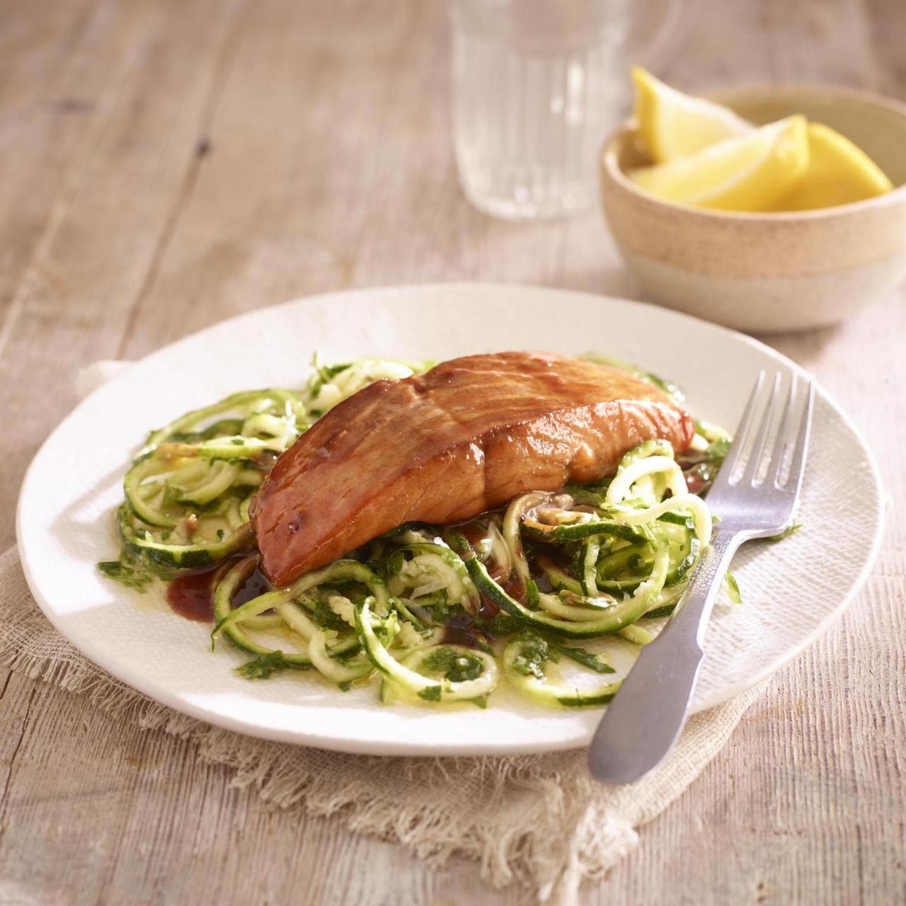 EARL GREY PAN GLAZED SALMON WITH LEMON COURGETTI